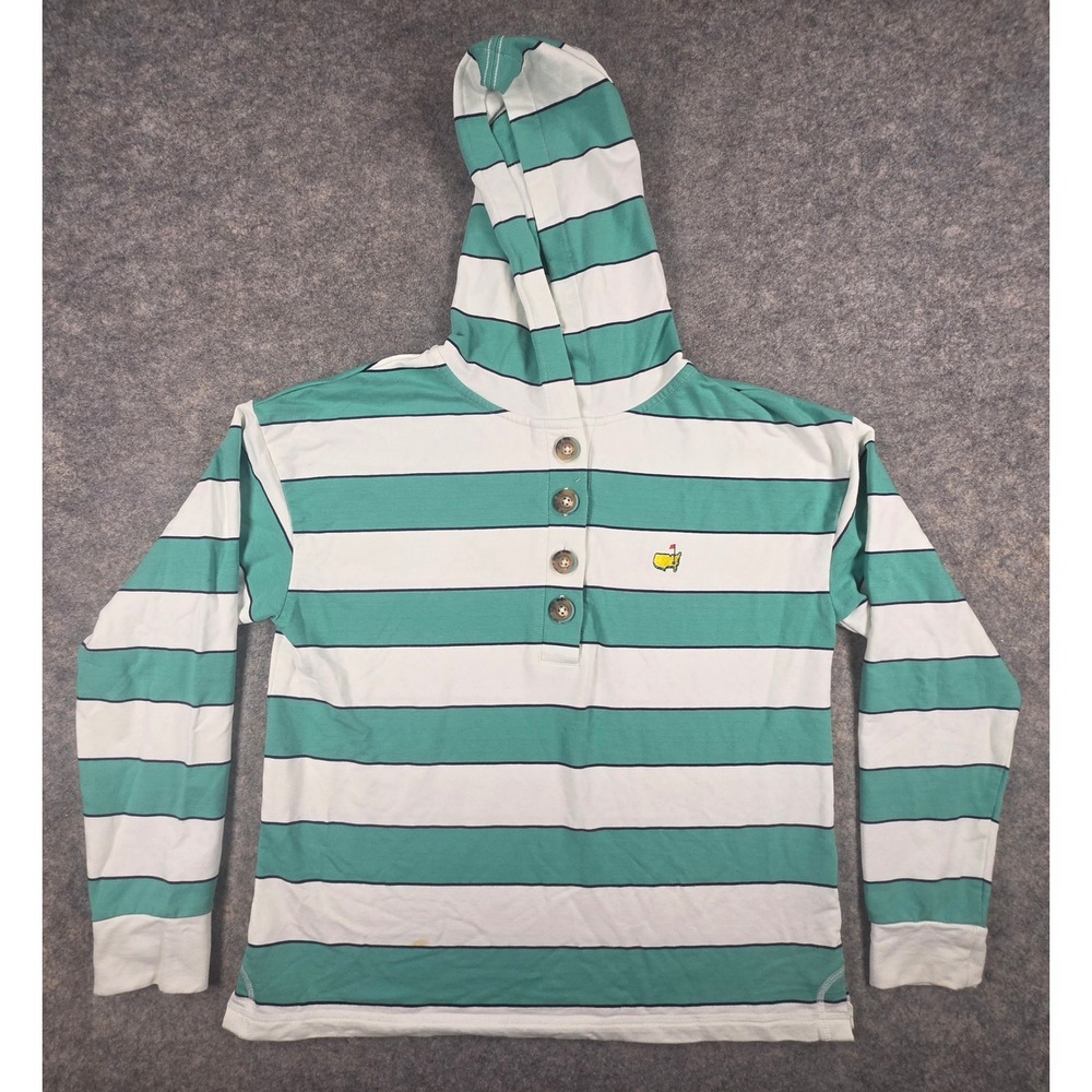 Magnolia Lane Master Hooded Long Sleeve Henley Shirt Green White Stripe Small